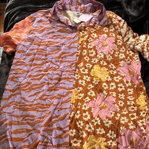 Button-Down Floral & Stripe Patchwork Shirt - Lavender & Rust